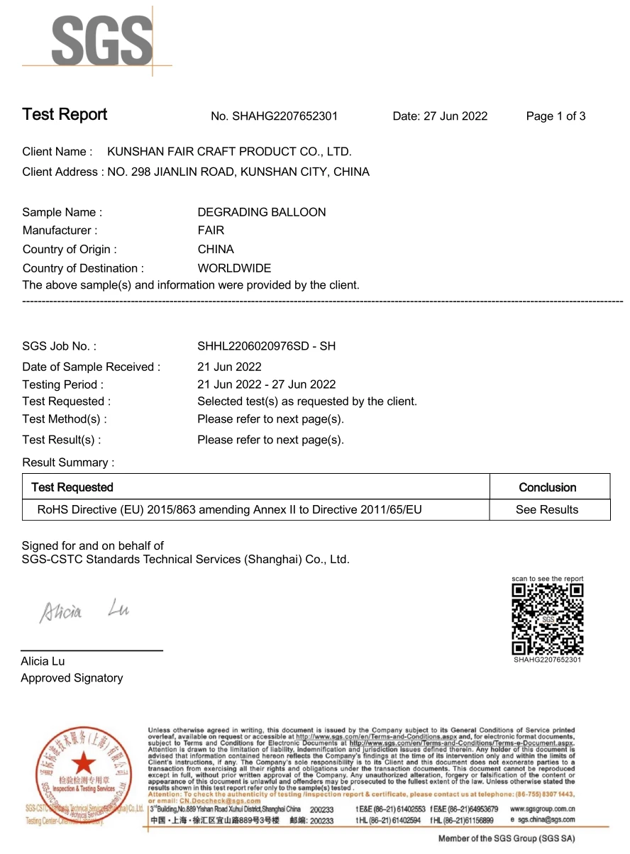 SGS Test Report No. SHAHG2207652301 verifying official RoHS Directive (EU) 2015/863 compliance for degrading foil balloons manufactured by Kunshan Fair Craft Product Co., Ltd.