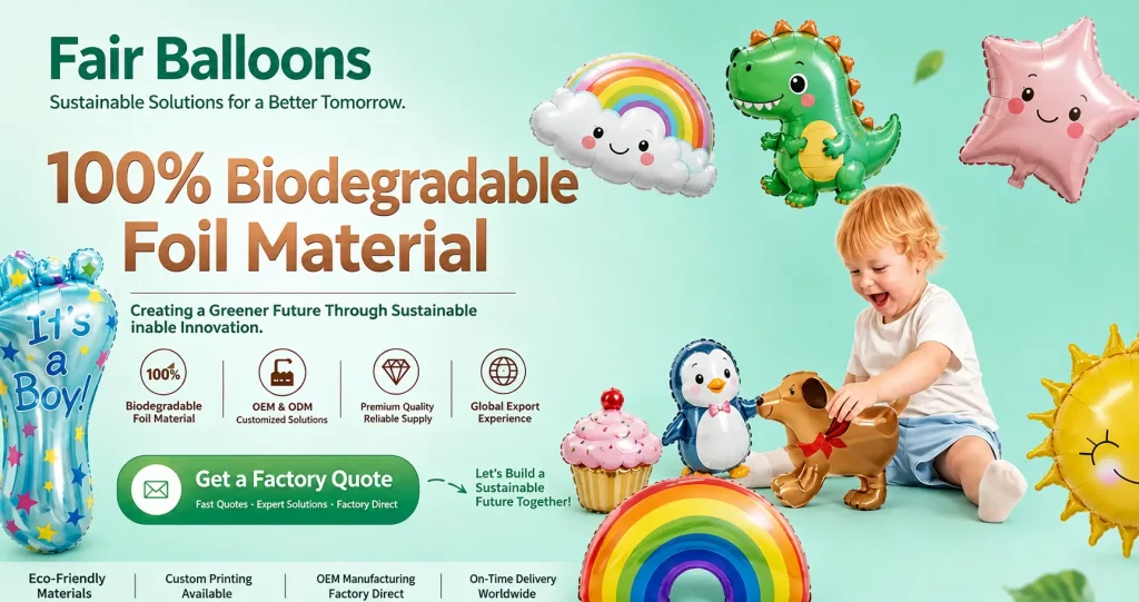 Biodegradable foil balloons banner showcasing eco friendly mylar balloons material at official balloon factory china.