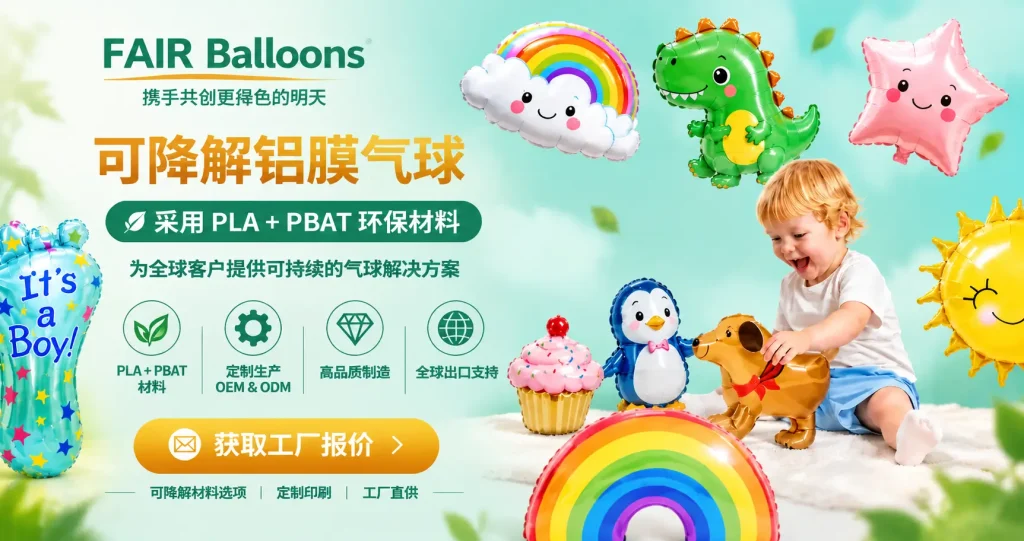 FAIR铝膜气球制造工厂展示多种定制气球造型及PLA+PBAT可降解铝膜气球材料方案。