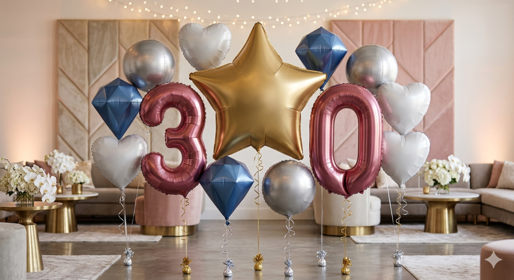 High impact custom advertising balloons and promotional foil balloons elevating brand visibility at a major commercial celebration.