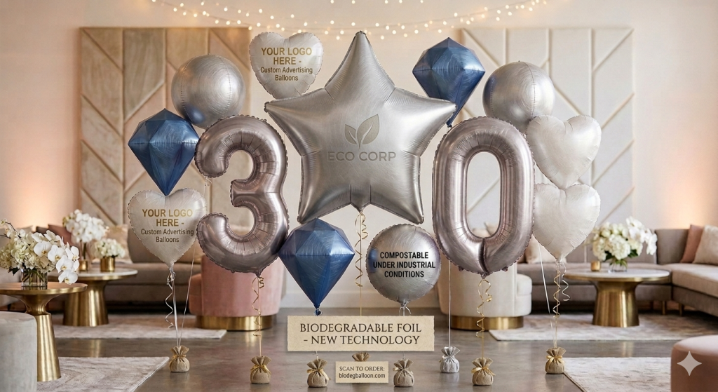 Custom advertising balloons with high precision printed corporate logos for promotional branding events.