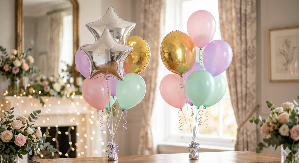 Premium party foil balloons generating mirror like reflections for high end luxury brand commercial balloon decorations wholesale.