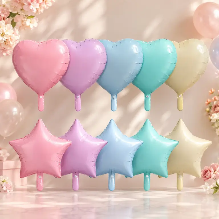 Custom biodegradable foil balloons manufacturer supplying eco-friendly pastel macaron heart and star Mylar balloons for global brands.