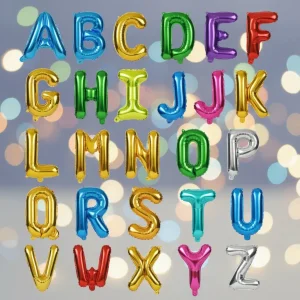 Complete A-to-Z metallic alphabet foil balloons in factory bulk packaging