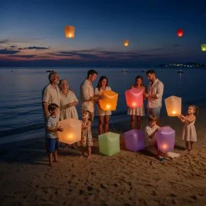 High-barrier warm white glowing helium LED lantern balloons with patented 500m altitude control safety valve tethered at night event display